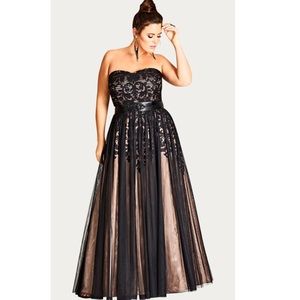 NWT tulle city chic dress; black, long, embroidered with detachable belt. M/18W